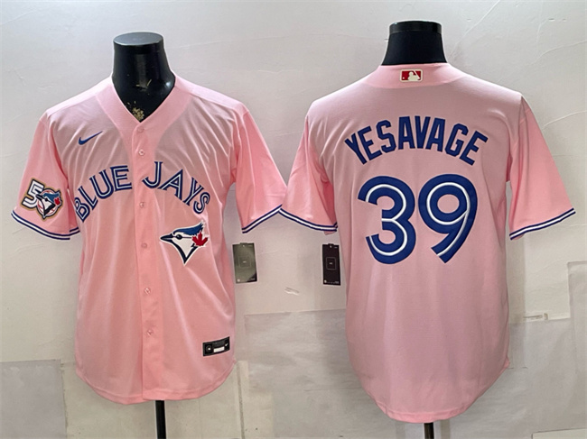 Men's Toronto Blue Jays #39 Trey Yesavage Pink 50 Seasons Patch Stitched Baseball Jersey
